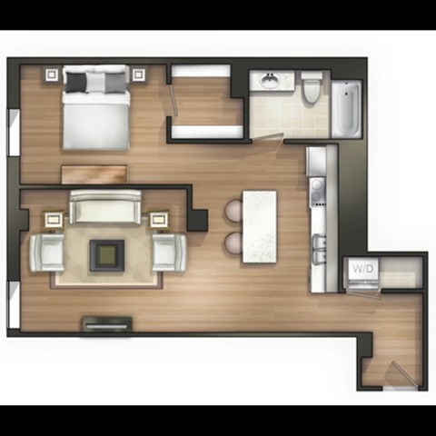 Floor plan for 1 bed, 1 bath, 677 sqft